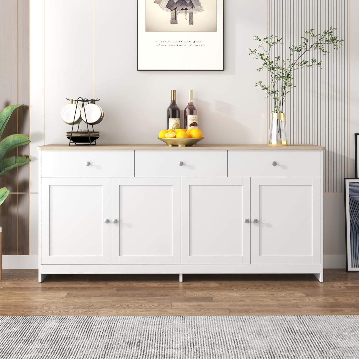entapuk buffet blanc et bois clair - 160 x 37 x 75 cm avec 4 portes et 3 tiroirs - étagère réglable bois d ingénierie - style rétro anti basculement-Nestuphut