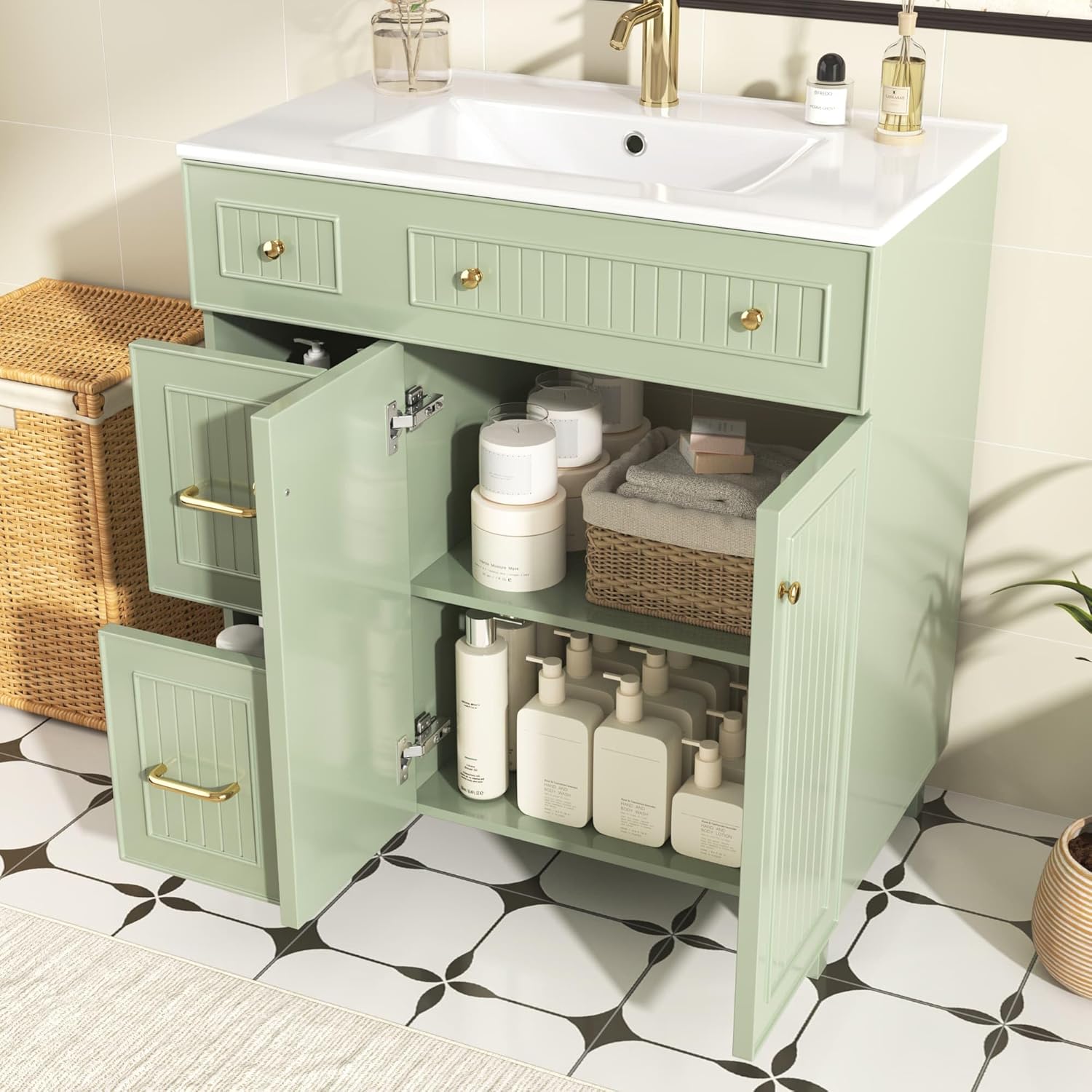KOMHTOM meuble salle de bain vert avec lavabo simple - 82 x 47 x 90 cm montage au sol - 2 tiroirs poignée métal et étagère - armoire rangement bois style moderne-Nestuphut
