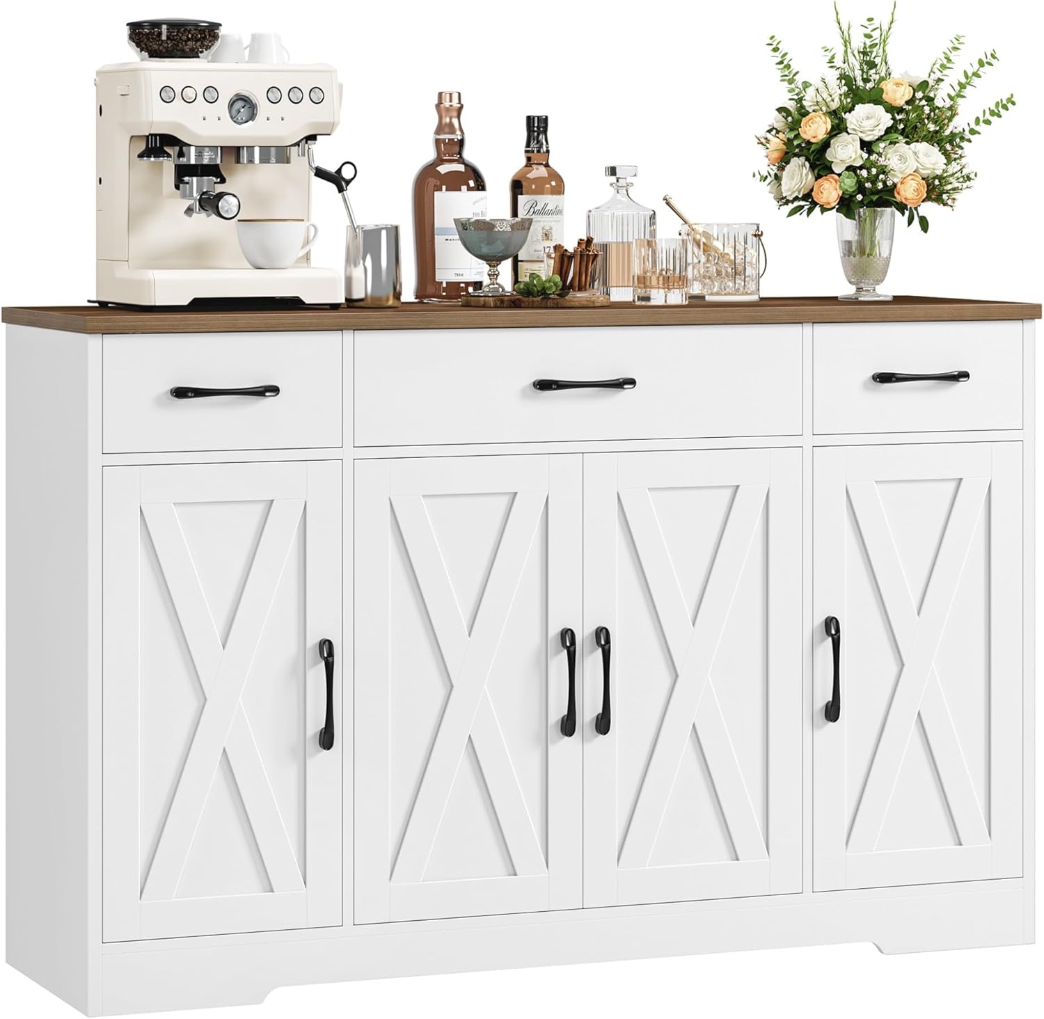 Buffet cuisine HOCSOK 140 cm meuble rangement 3 tiroirs 4 portes etageres reglables blanc antique-Nestuphut