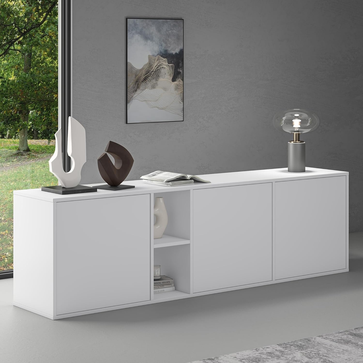 Buffet bas doporro 180 cm blanc mat 3 portes meuble rangement salon salle a manger anti basculement soft close-Nestuphut