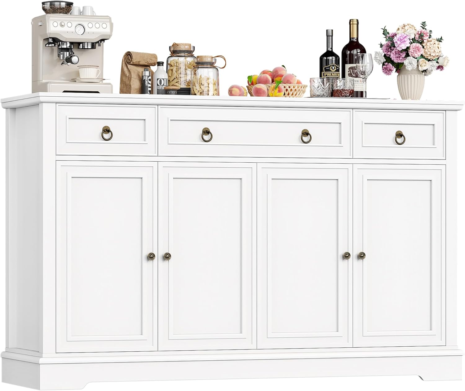 Buffet cuisine FirFurd 134 cm meuble rangement 4 portes 3 tiroirs etagere reglable blanc salon salle a manger-Nestuphut