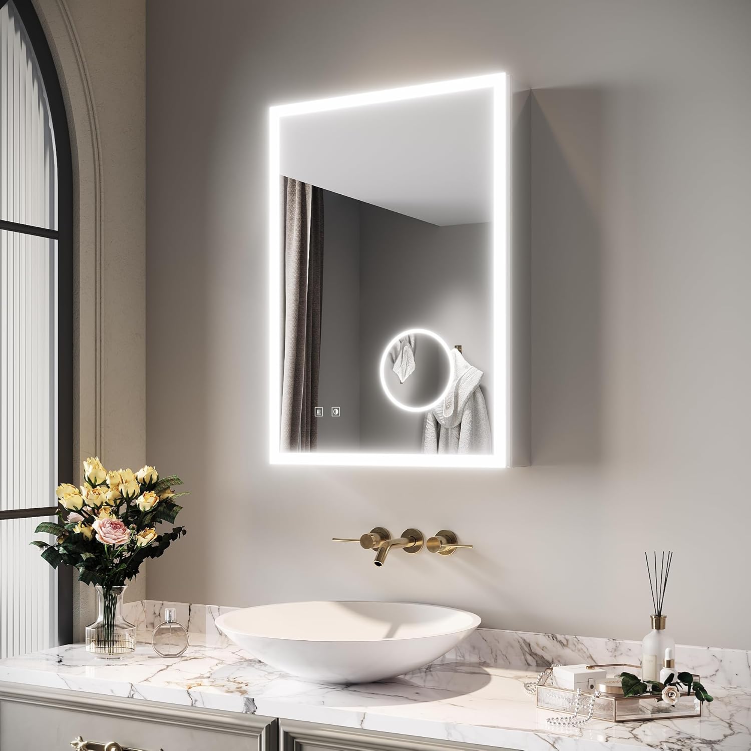 SIRHONA Armoire Salle de Bain Miroir LED 50x70cm Etagere Reglable Prise Integree Montage Mural Contemporain-Nestuphut