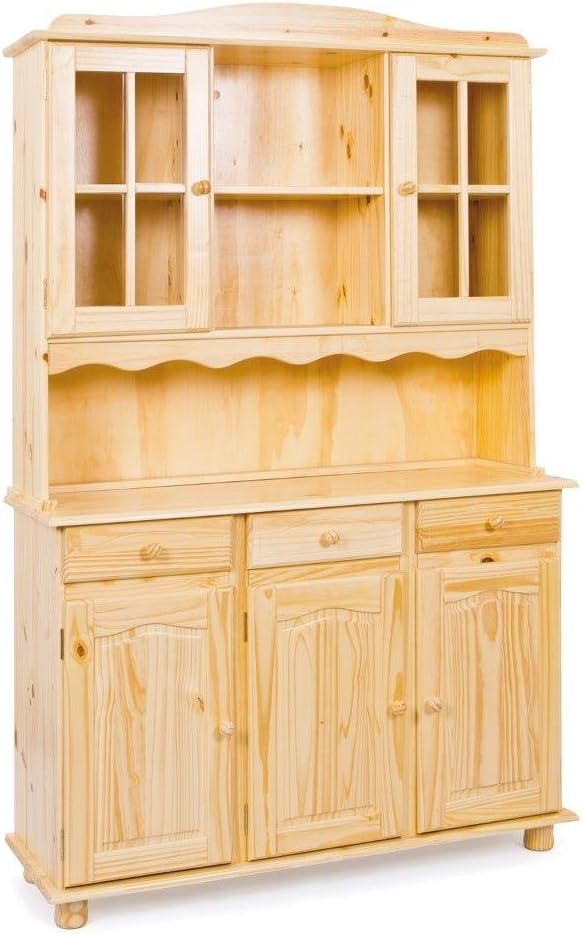 Vaisselier Inter Link Toscana pin massif buffet haut 3 portes vitrines grande capacite vernis naturel rustique-Nestuphut