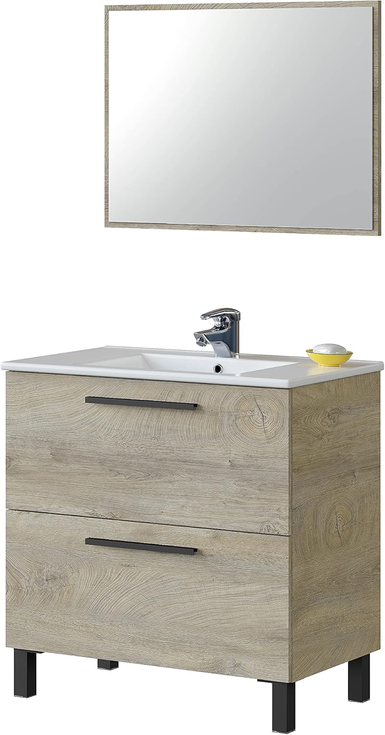 Meuble salle de bain Habitdesign Athena 80 x 80 x 45 cm 2 tiroirs miroir finition chene Alaska-Nestuphut