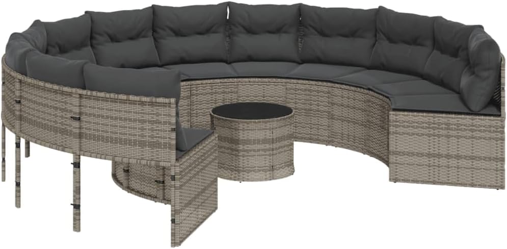 vidaXL Canapé de Jardin rond gris avec table et coussins résine tressée mobilier extérieur 6 places-Nestuphut