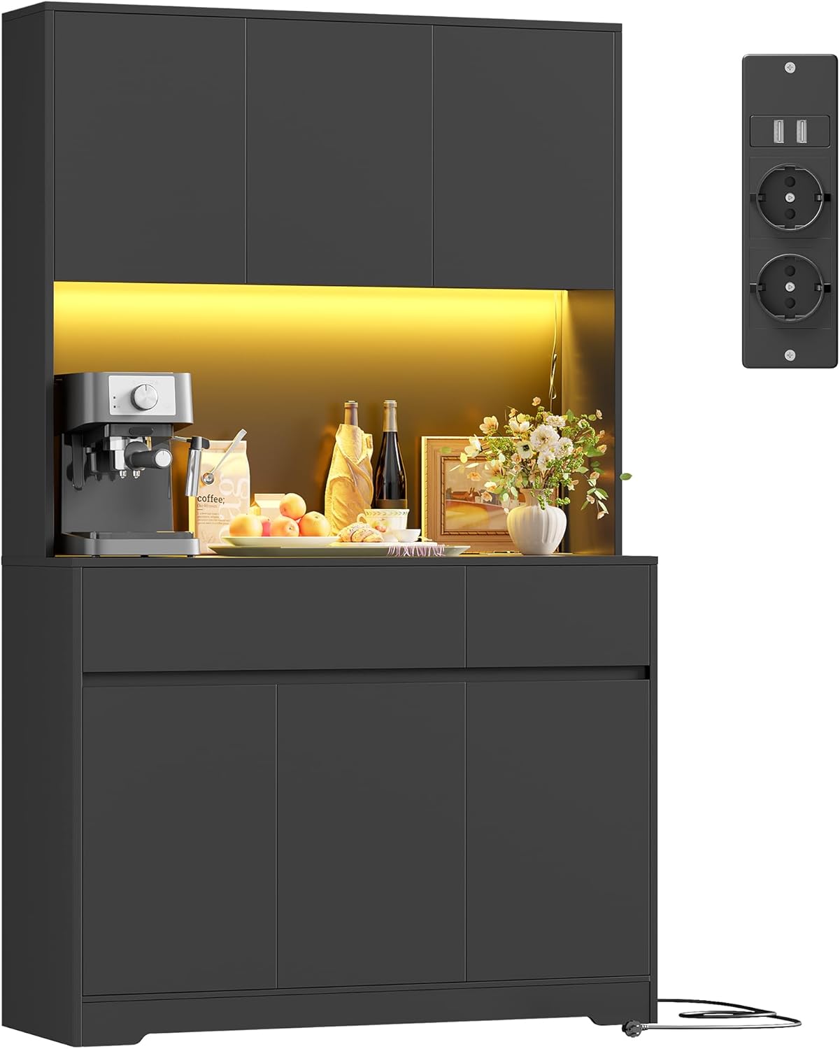 FirFurd buffet cuisine noir - 100 x 38,5 x 180 cm avec LED et multiprise - 6 portes 2 tiroirs étagère réglable - vaisselier moderne salle à manger salon-Nestuphut