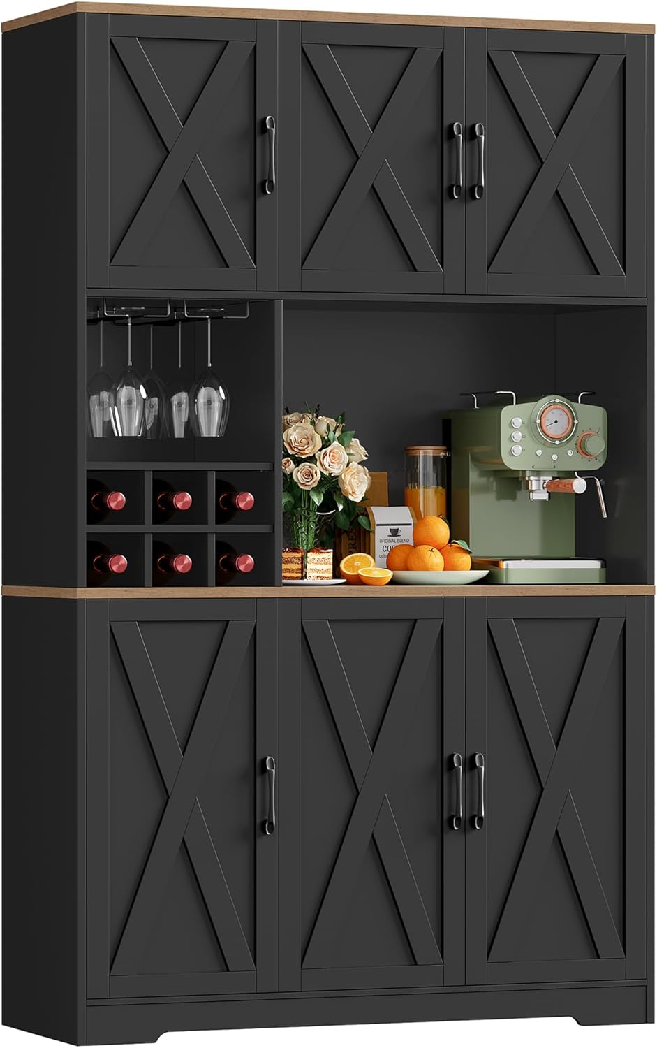 Buffet cuisine HOCSOK 180 cm armoire haute porte verre vin casier bouteille micro ondes rangement salon noir-Nestuphut