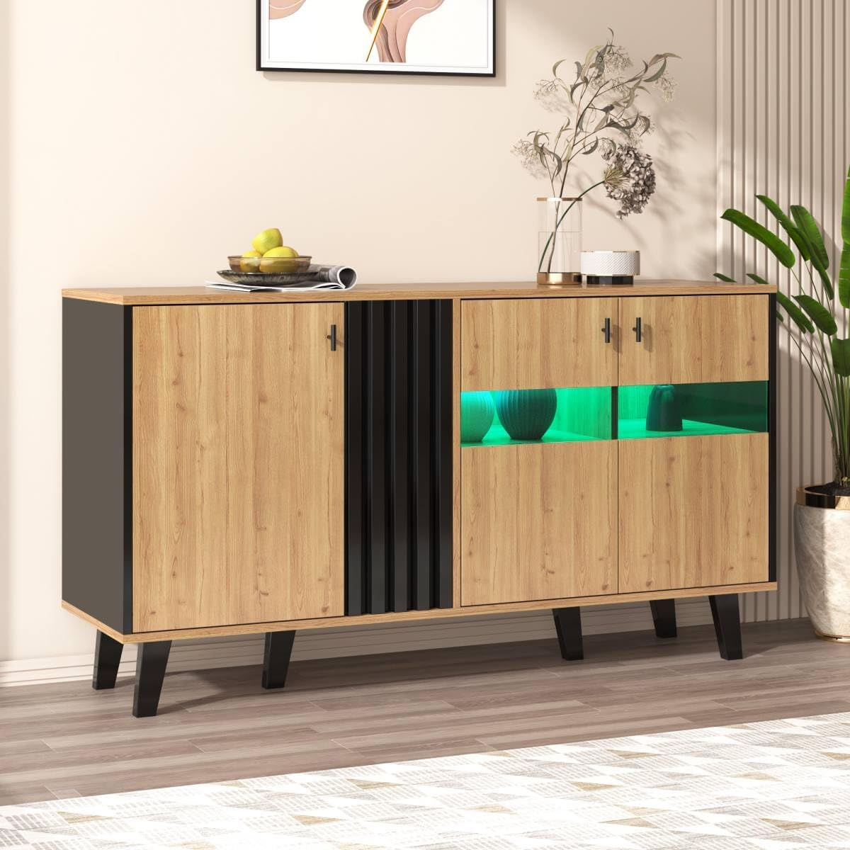 Sweiko buffet noir et naturel - 120 x 40 x 80 cm avec éclairage LED et verre - 3 portes en bois - placard cuisine salon entrée salle à manger-Nestuphut