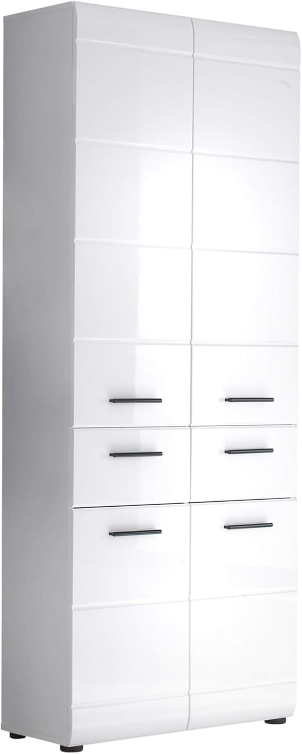 trendteam Skin armoire haute salle de bain blanc brillant - 60 x 31 x 182 cm montage au sol - bois avec étagère réglable - porte dalle grand rangement-Nestuphut