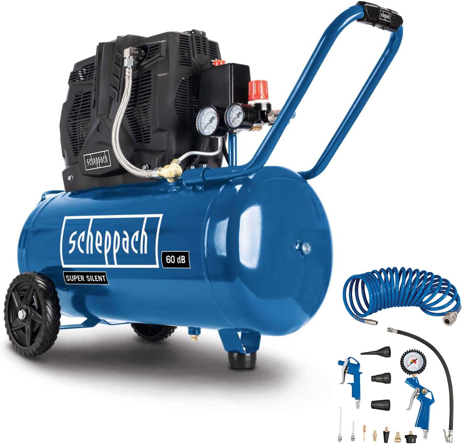 Compresseur Scheppach HC51Si bicylindre super silencieux 50 L 8 bar 1500 W sans huile avec manomètres raccords rapides et 13 accessoires-Nestuphut