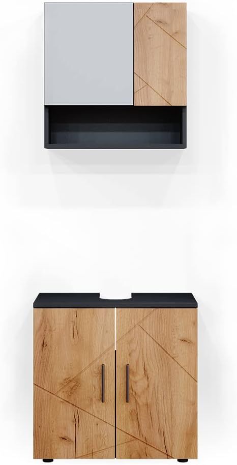 Ensemble meuble salle de bain Vicco Irma 2 pieces anthracite et chene meuble bas 60 cm rangement moderne-Nestuphut