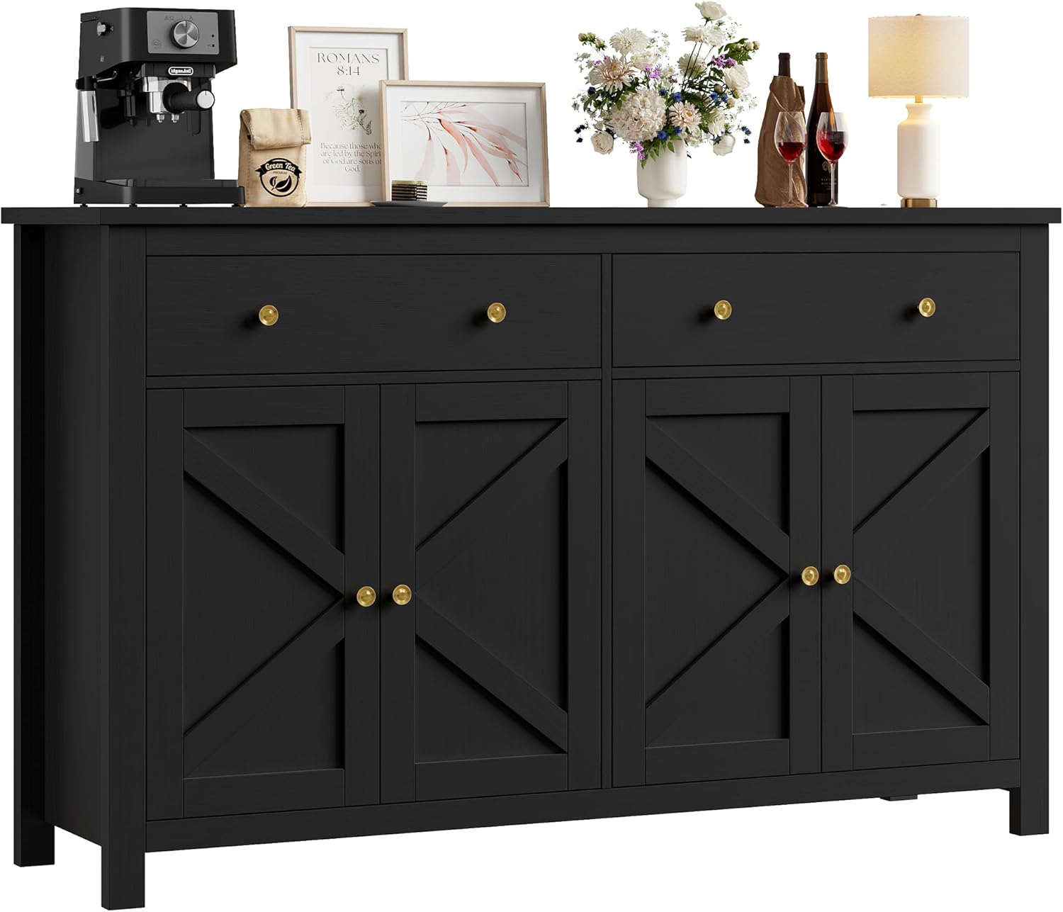 FirFurd buffet cuisine noir - 140 x 40 x 89 cm avec 4 portes et 2 tiroirs - bois étagères réglables porte motif X - rangement vaisselle salon salle à manger-Nestuphut