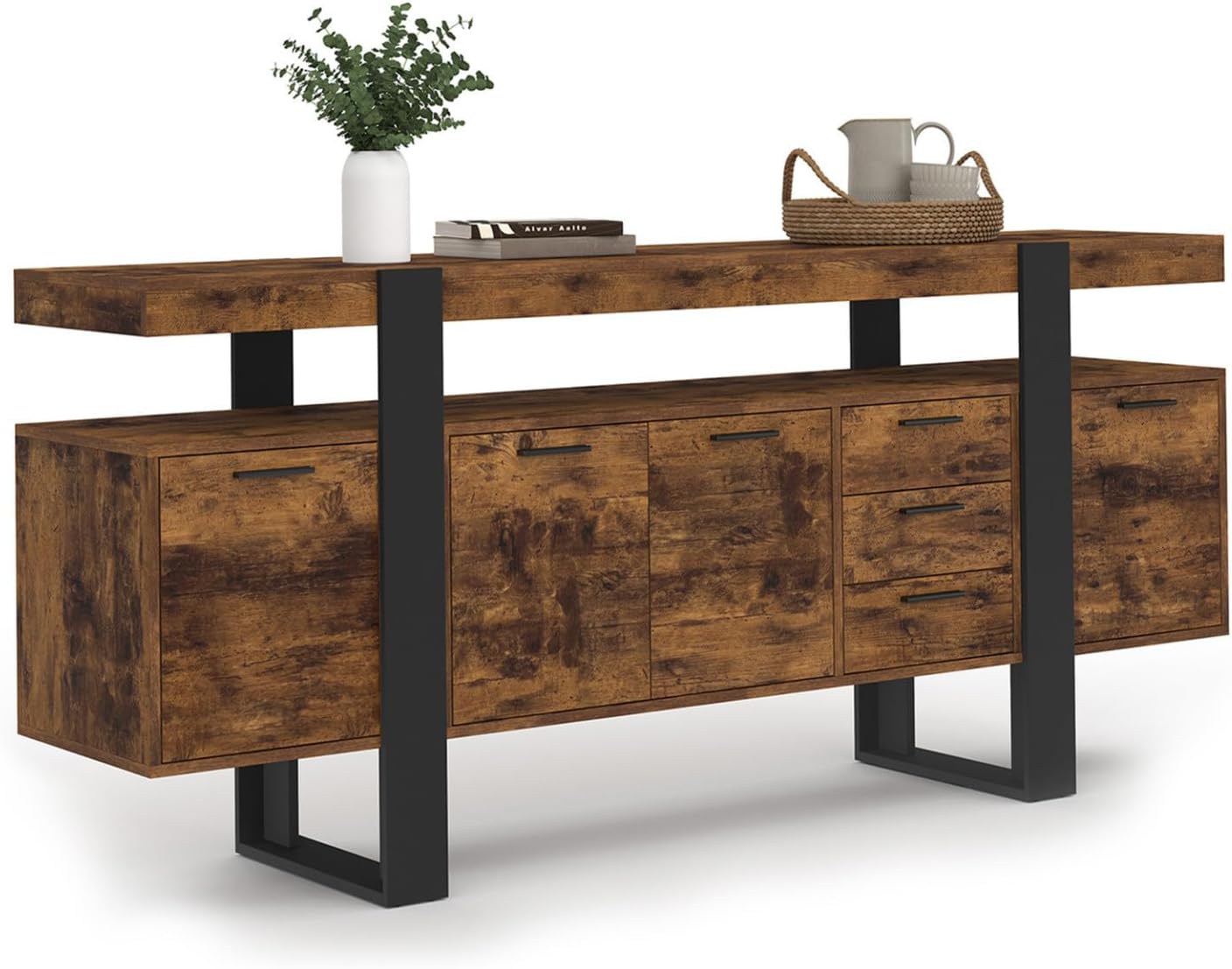 Buffet industriel IDMarket Phoenix 180 cm 4 portes 3 tiroirs bois effet vieilli noir grande capacite-Nestuphut