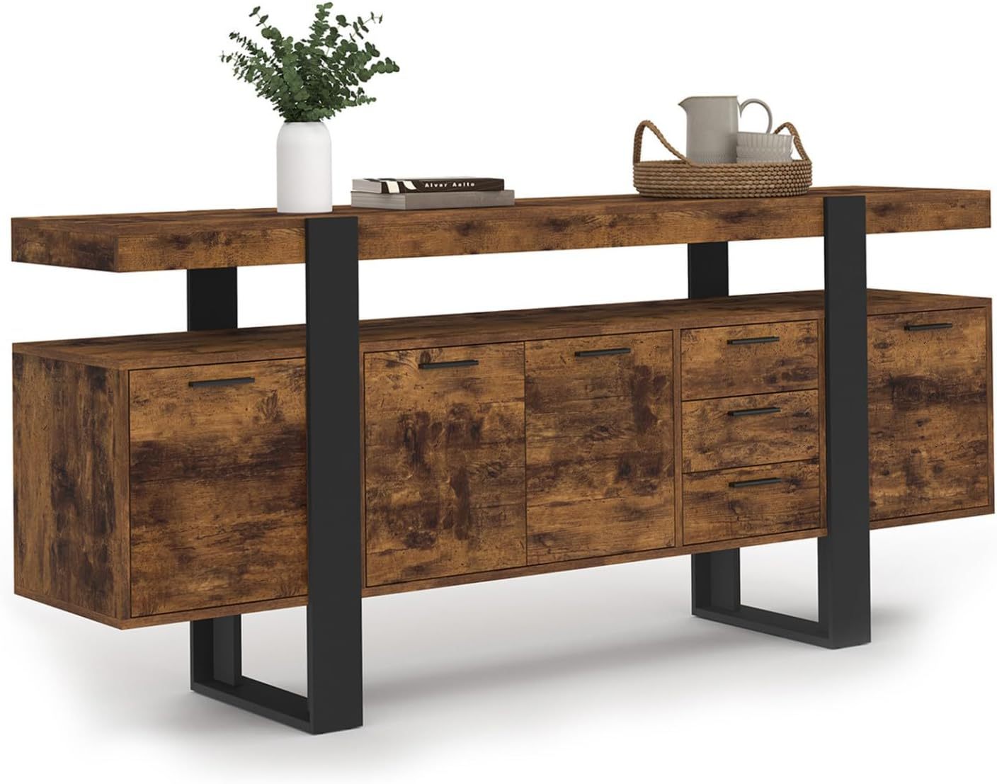 Buffet industriel IDMarket Phoenix 180 cm 4 portes 3 tiroirs bois effet vieilli noir grande capacite-Nestuphut