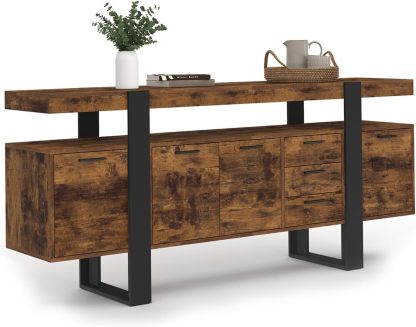 Buffet industriel IDMarket Phoenix 180 cm 4 portes 3 tiroirs bois effet vieilli noir grande capacite-Nestuphut