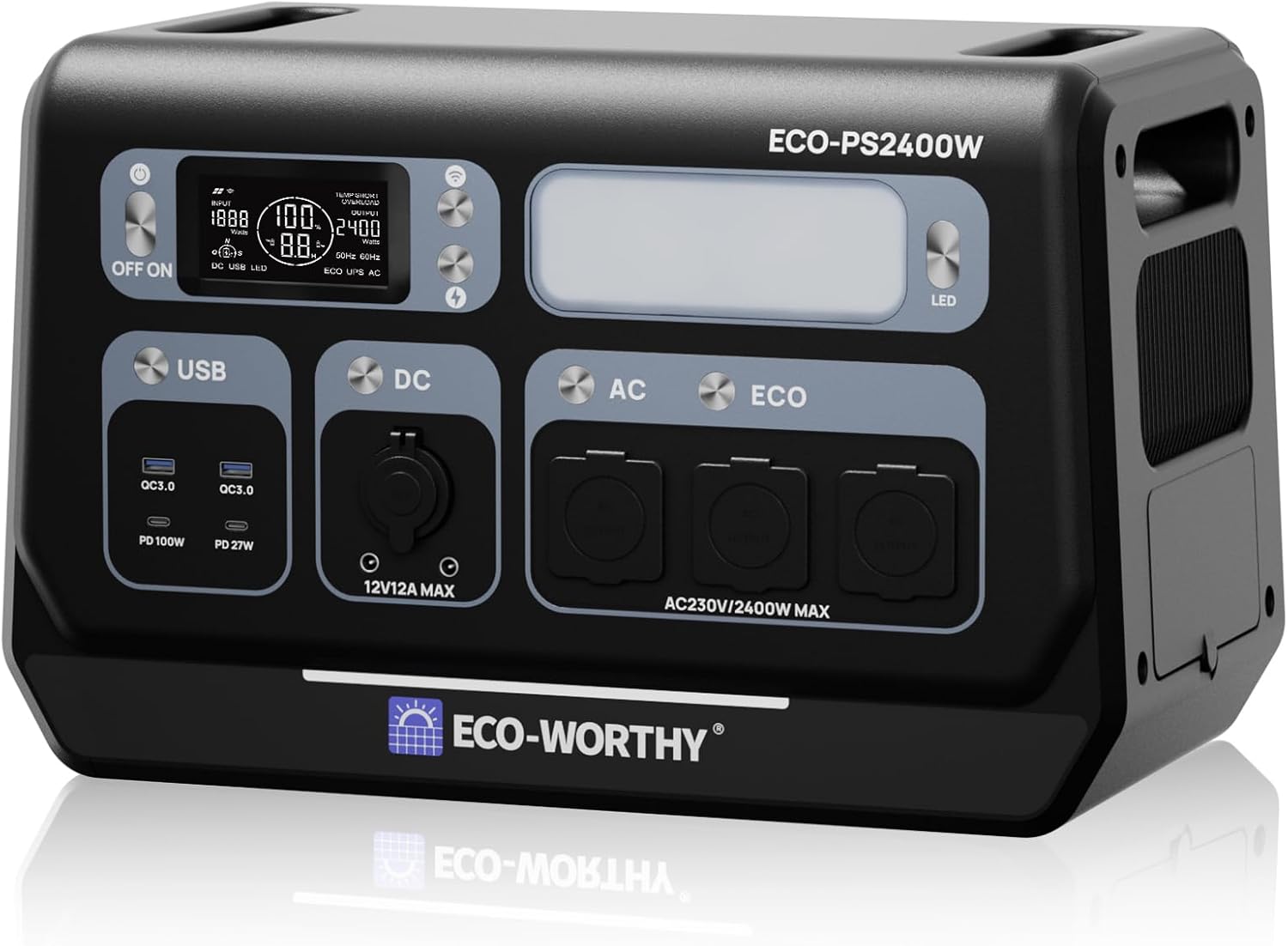 Station électrique portable ECO WORTHY PS2400 - 2048 Wh 2400 W avec 10 ports WiFi et Bluetooth-Nestuphut