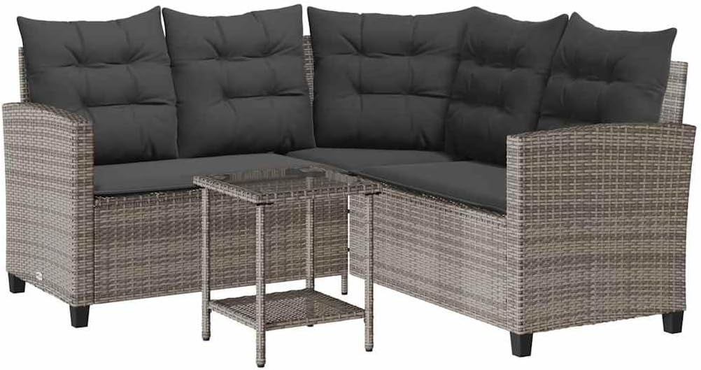 Canapé de jardin en L avec table et coussins mobilier extérieur gris résine tressée style rustique-Nestuphut