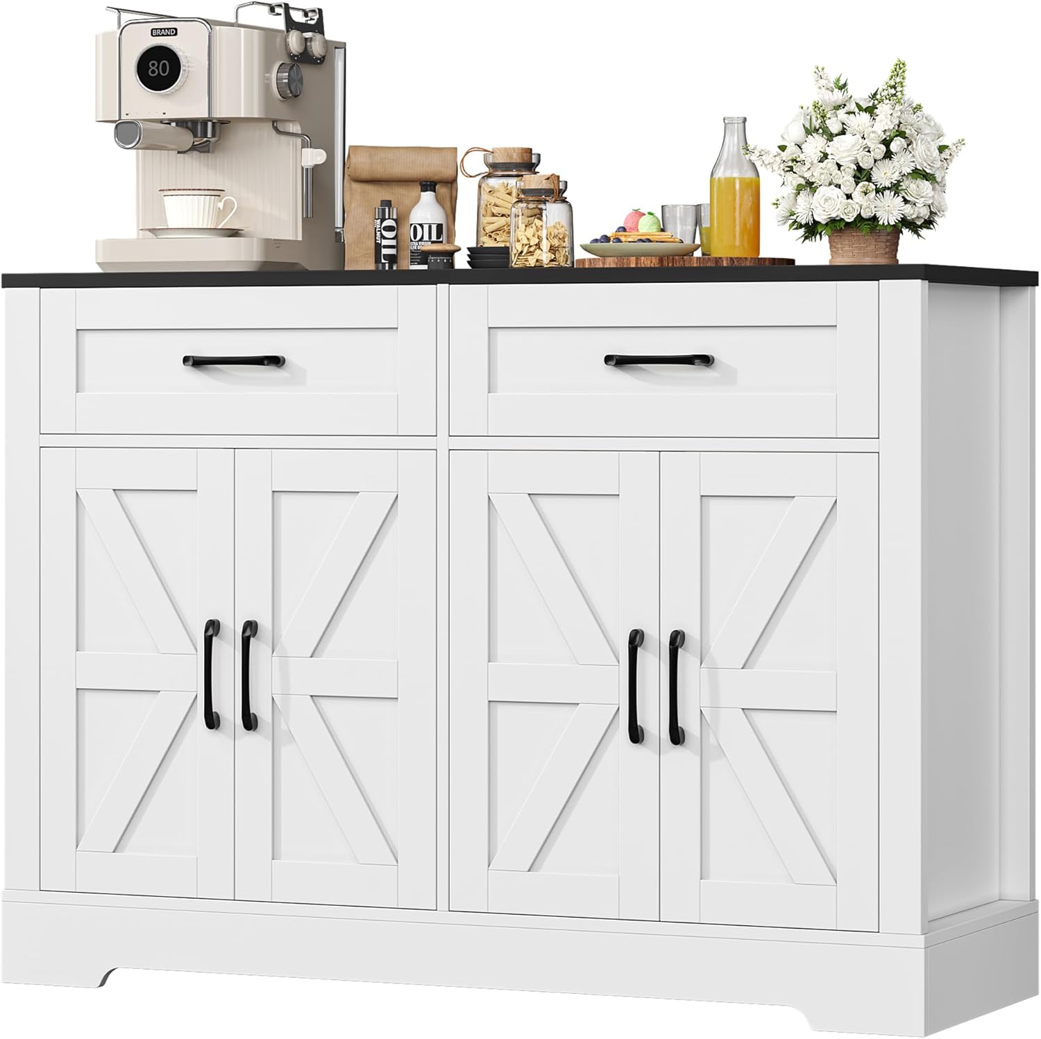 Buffet cuisine HOCSOK 120 cm meuble rangement 2 tiroirs 4 portes anti basculement resistant rayures blanc noir-Nestuphut