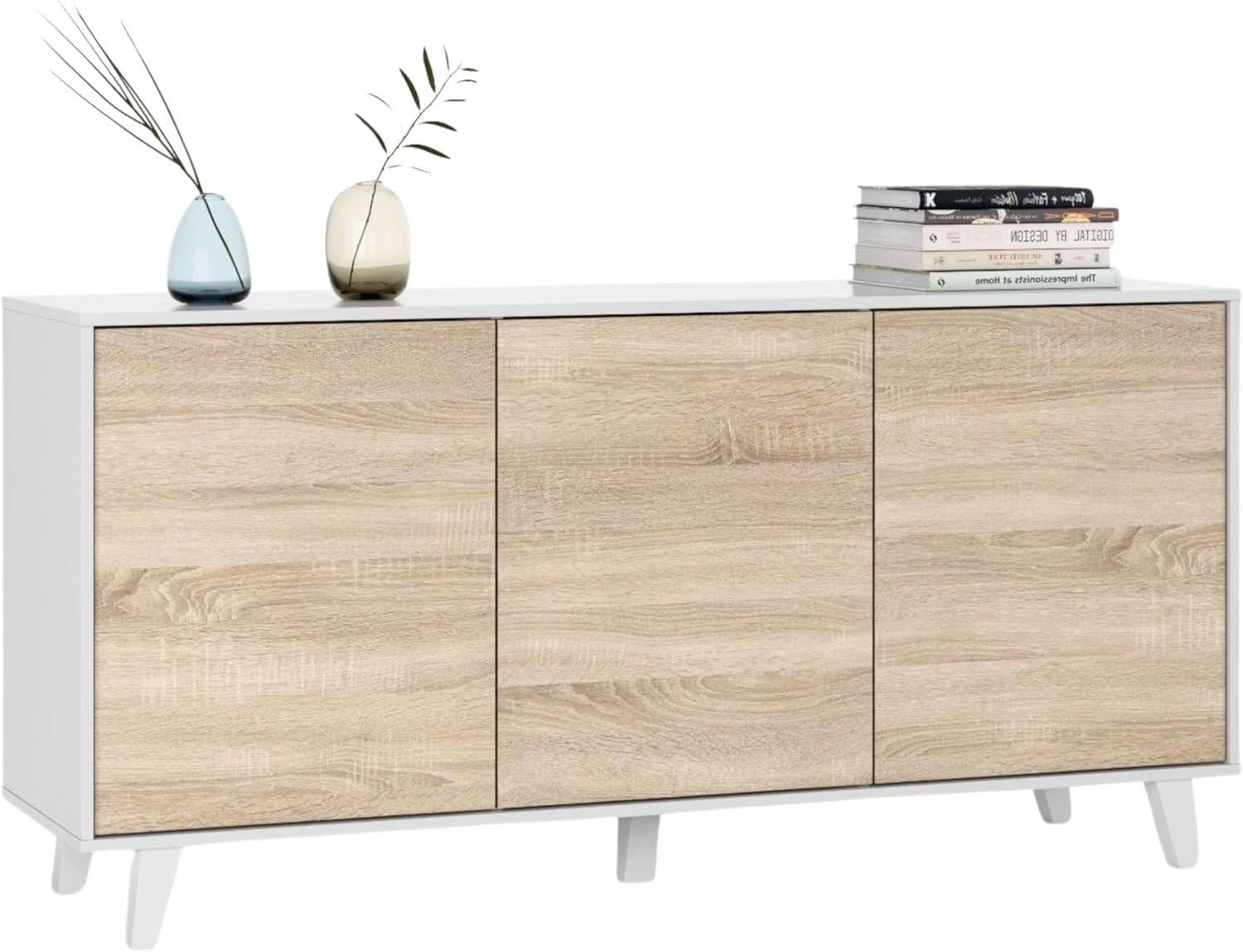 Habitdesign Zaiken Plus buffet blanc brillant et chêne canadien - 154 x 41 x 75 cm salon salle à manger - mélamine 3 portes - style scandinave montage au sol-Nestuphut