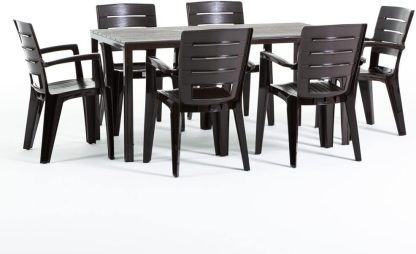Ensemble repas de jardin Thomas et Anita effet bois moka pour 6 personnes avec table acier peint et 6 chaises empilables-Nestuphut