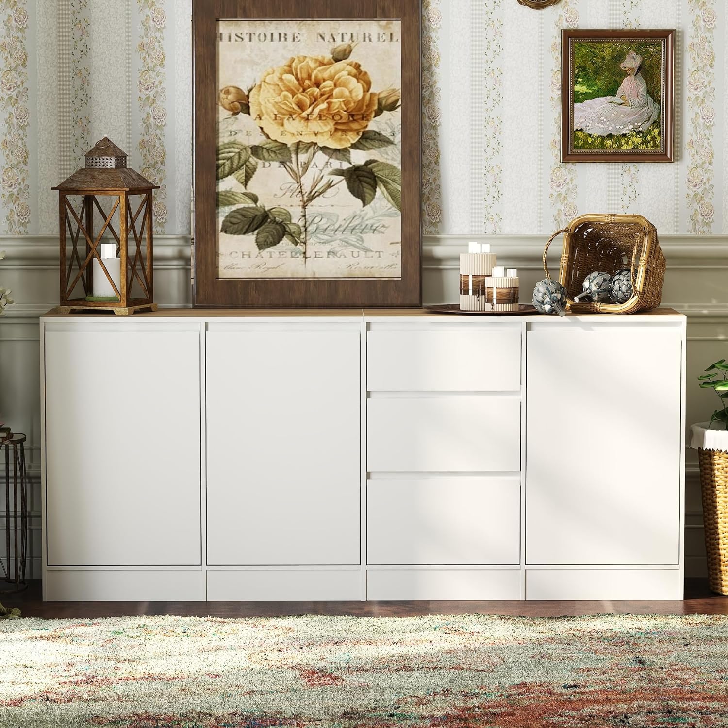 Meuble de rangement DEZAGCE 180 cm 3 portes 3 tiroirs buffet MDF blanc moderne salon cuisine couloir grande capacite-Nestuphut