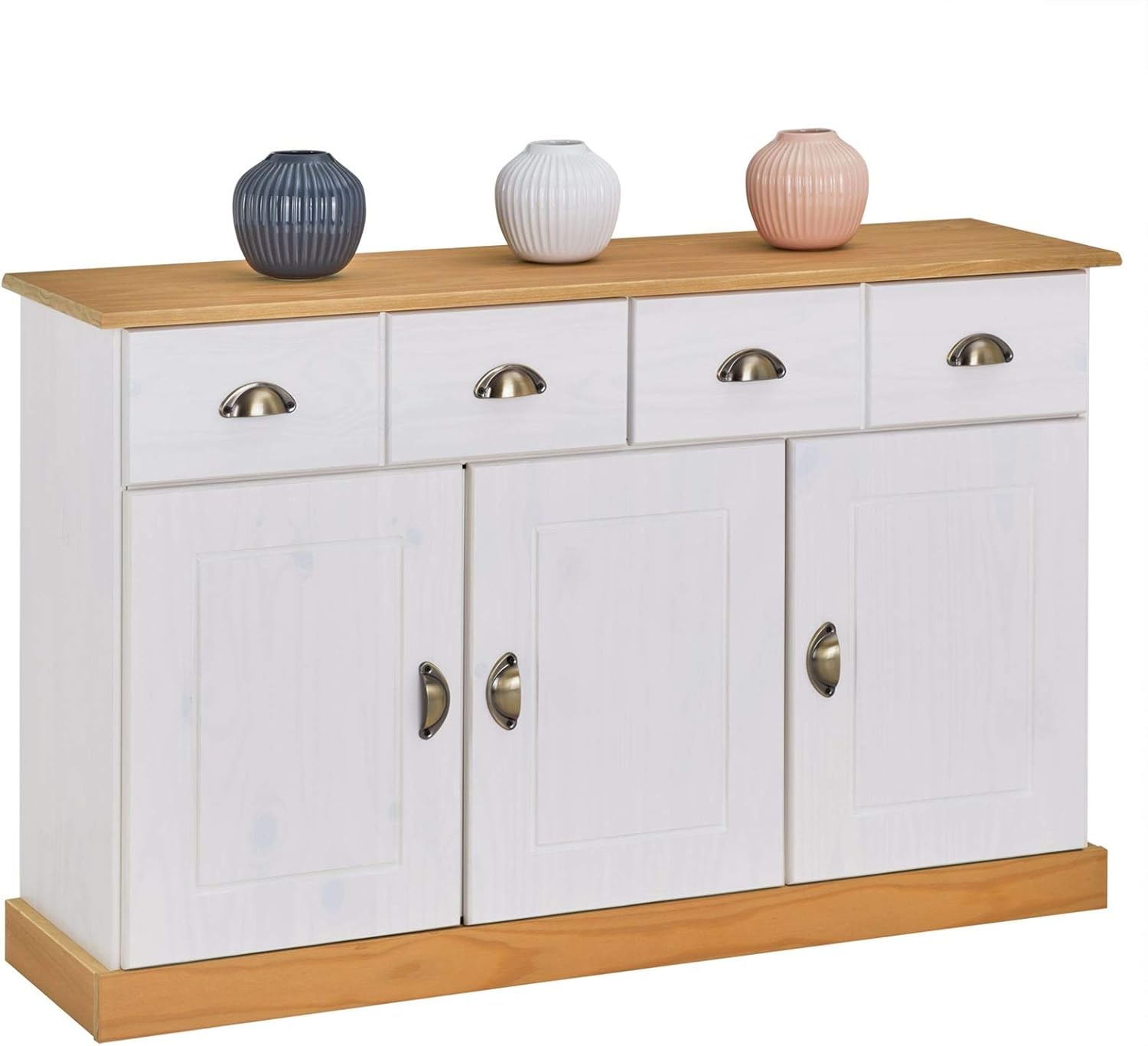 Buffet salle a manger PARIS bois massif 116 cm 3 portes 2 tiroirs poignées coquille blanc brun rangement classique-Nestuphut