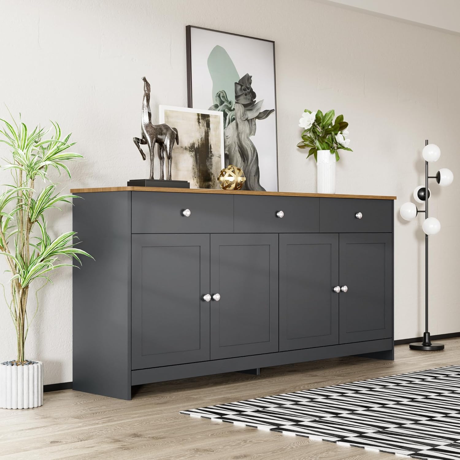 Buffet moderne Sapgaks 160 cm 4 portes 3 tiroirs imitation bois gris noir etageres reglables salon salle a manger-Nestuphut
