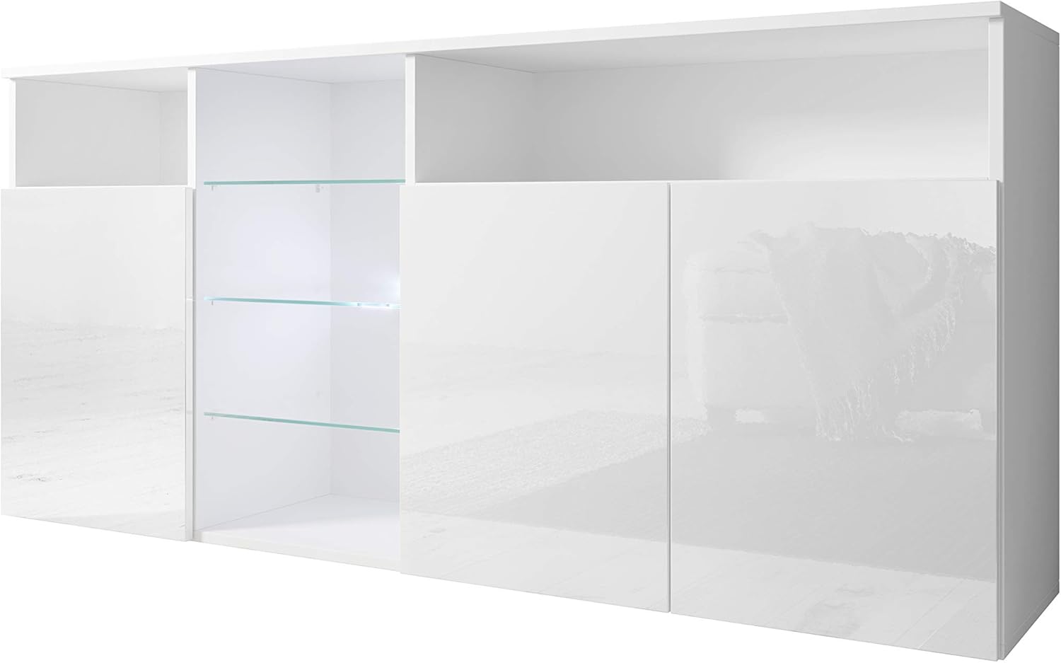 MB Muebles Bonitos Clark buffet blanc brillant - 150 x 35 x 70 cm avec lumière LED bleue - mélamine 3 portes étagères verre - Push Click salon salle à manger-Nestuphut