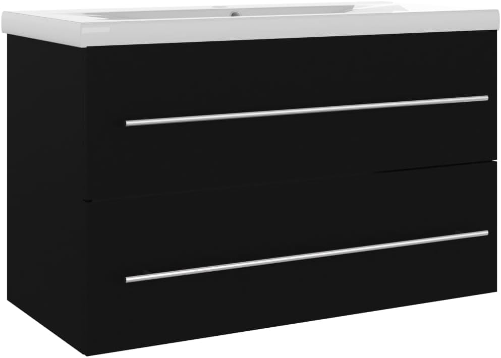 vidaXL armoire évier salle de bain noire - lavabo intégré avec vasque - bois d ingénierie montage au sol - étagère incluse rangement contemporain-Nestuphut