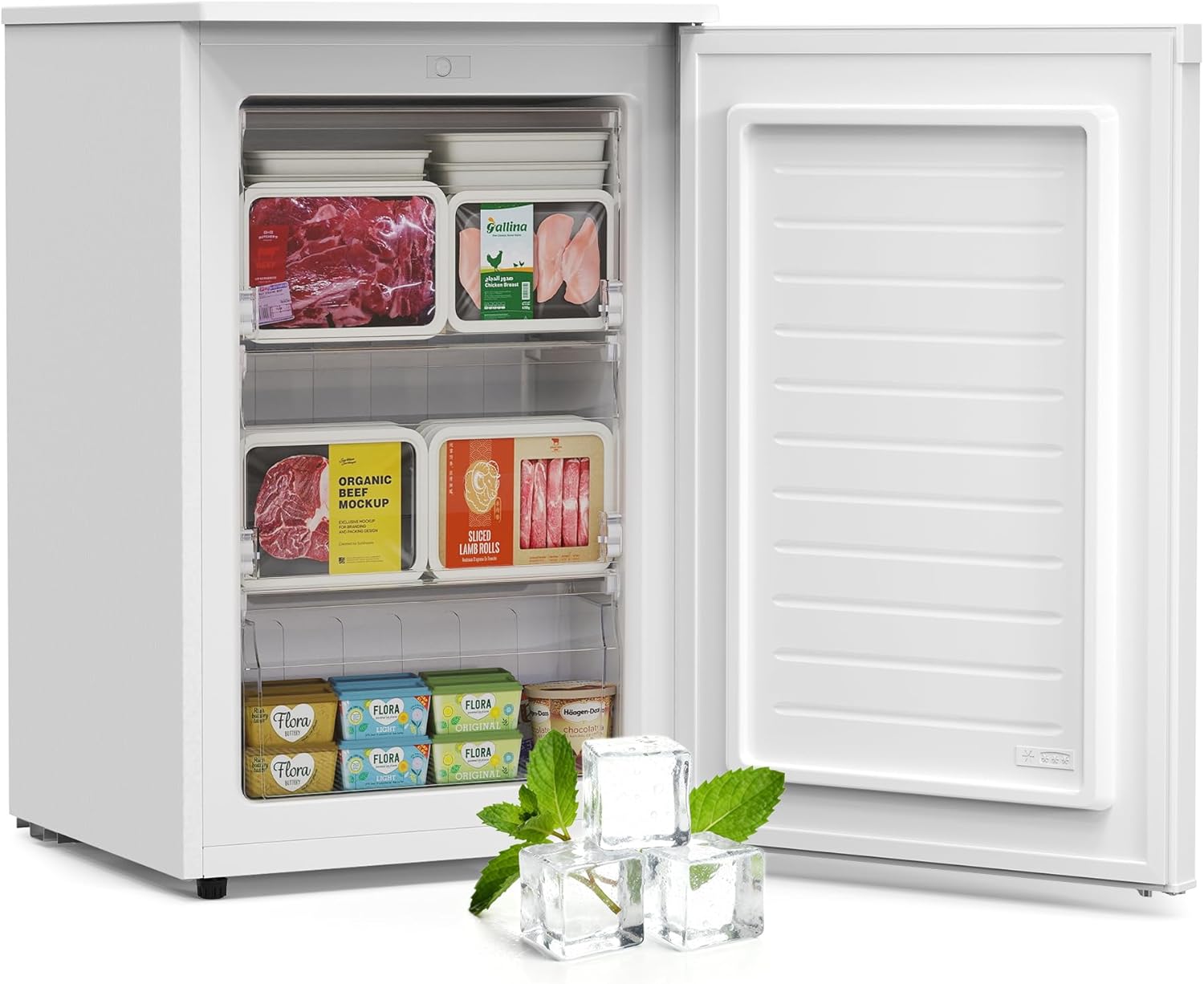 Upstreman Congelateur Armoire 98L Petit Congelateur Vertical 3 Compartiments Compact Table Top Porte Reversible Blanc UF98 - Congelateur Compact Domestique - Solution de Stockage Gain de Place-Nestuphut