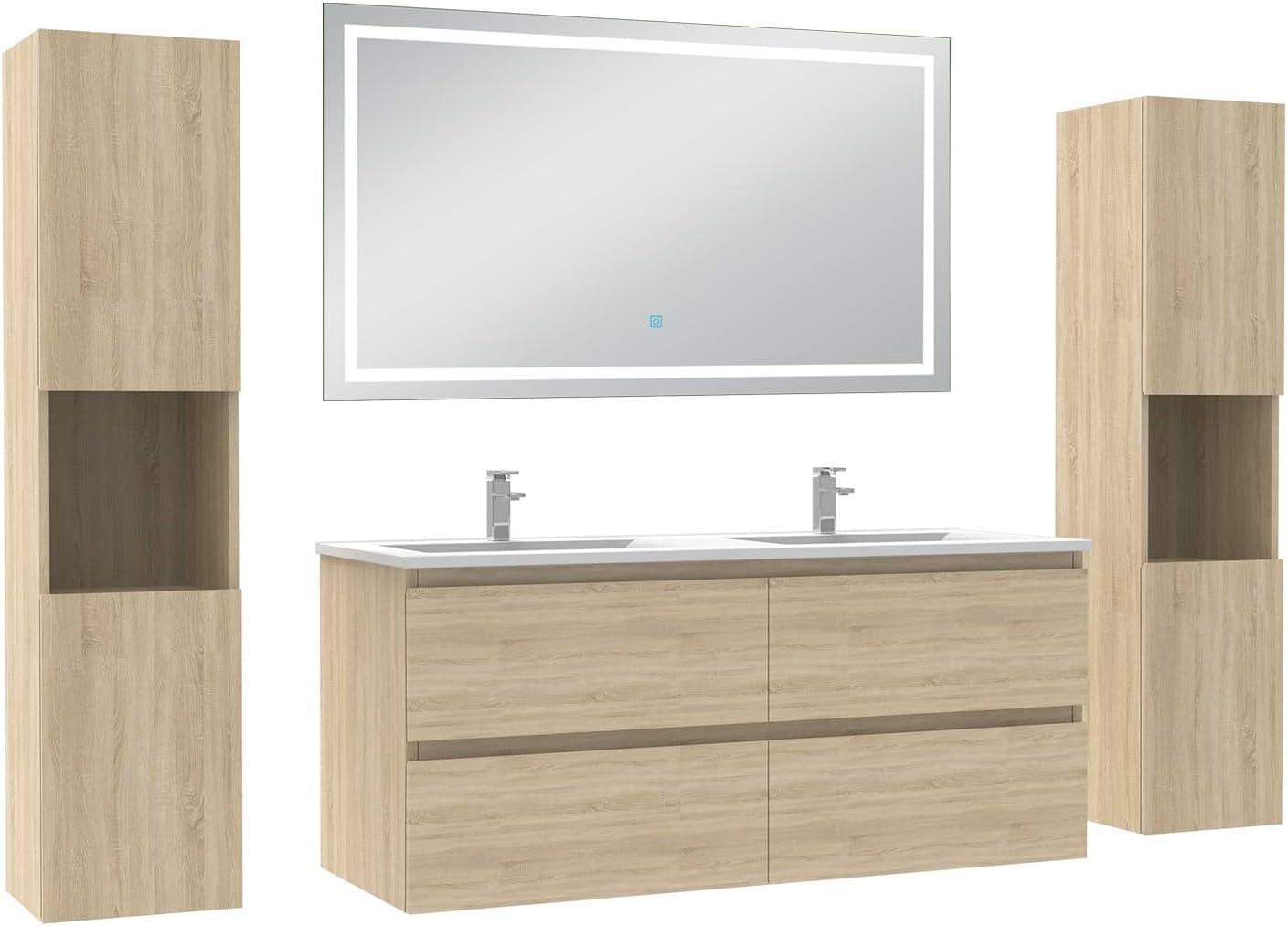 AICA Ensemble Meubles Salle de Bain 120cm Colonne et Miroir LED Dimmable Chene Wotan Design Moderne-Nestuphut