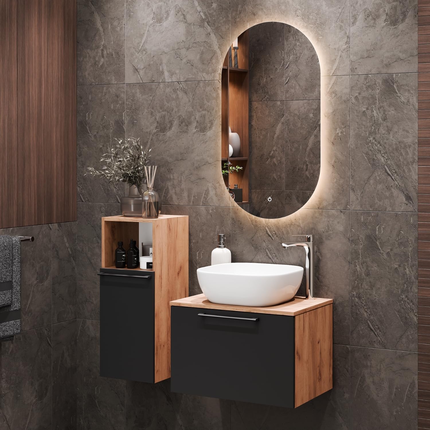 Planetmöbel Astra ensemble meuble salle de bain chêne doré anthracite - meuble sous lavabo 60 cm 60 x 42 x 40 cm - armoire midi incluse - Soft Close sans vasque ni robinet-Nestuphut