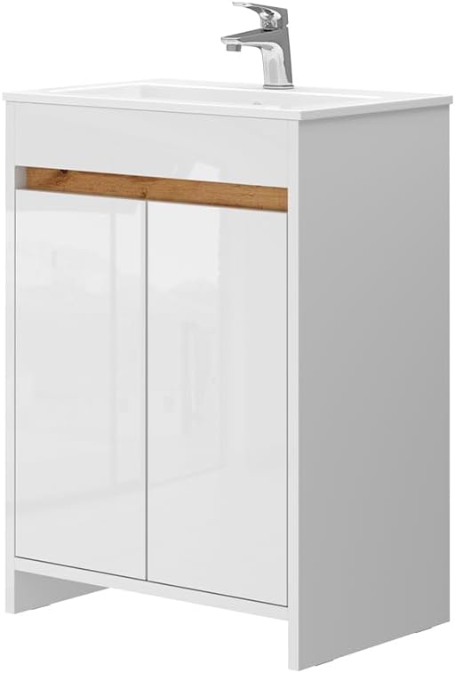 Vicco Lemgo ensemble meubles salle de bain blanc brillant - 2 pièces armoire basse 60 cm - bois d ingénierie résistant rayure - montage au sol porte dalle-Nestuphut