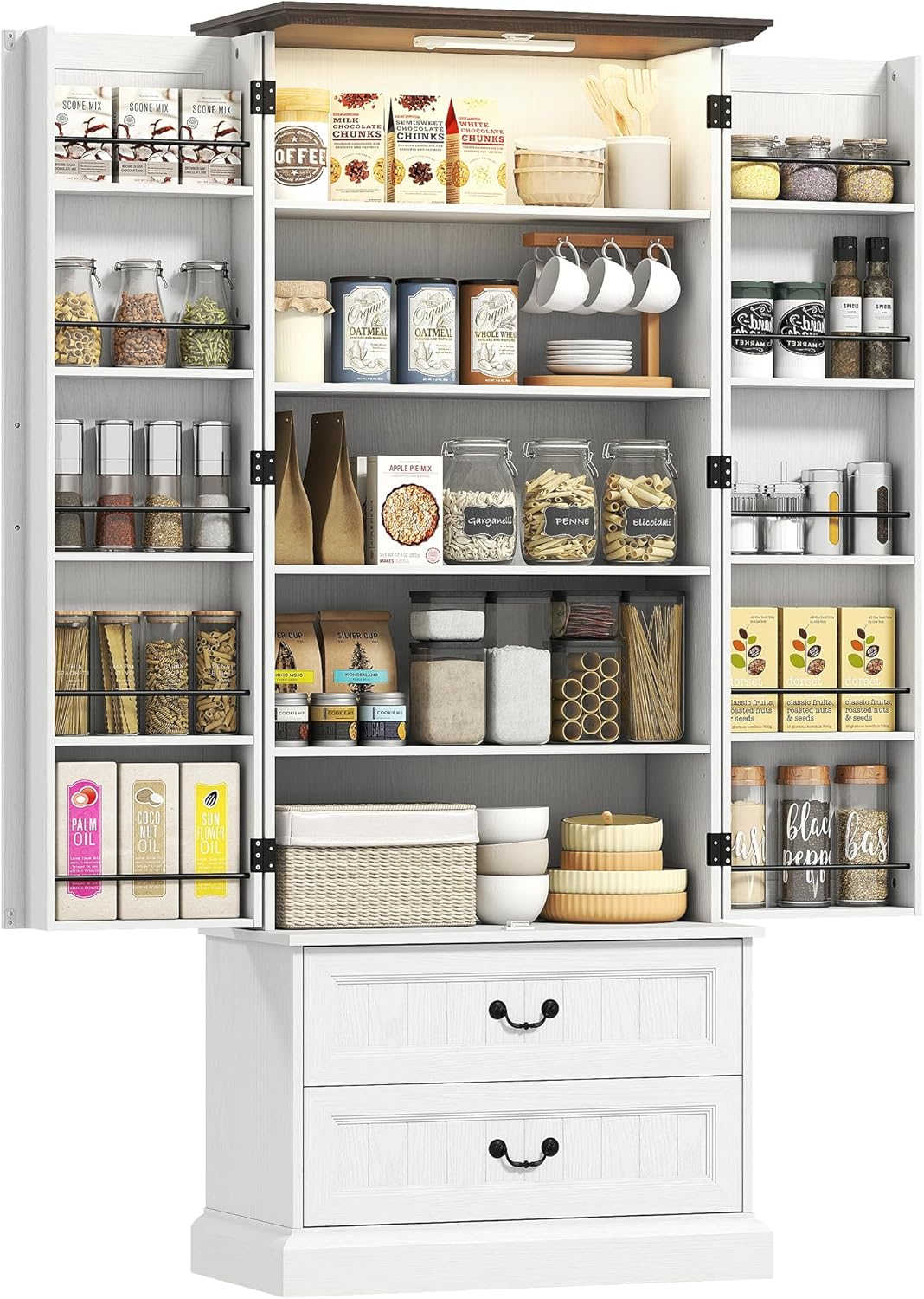 HOMCOM buffet haut cuisine blanc - 76 x 39,5 x 183 cm avec LED à capteur - 2 portes 10 porte épices 2 tiroirs - bois d ingénierie étagères réglables-Nestuphut