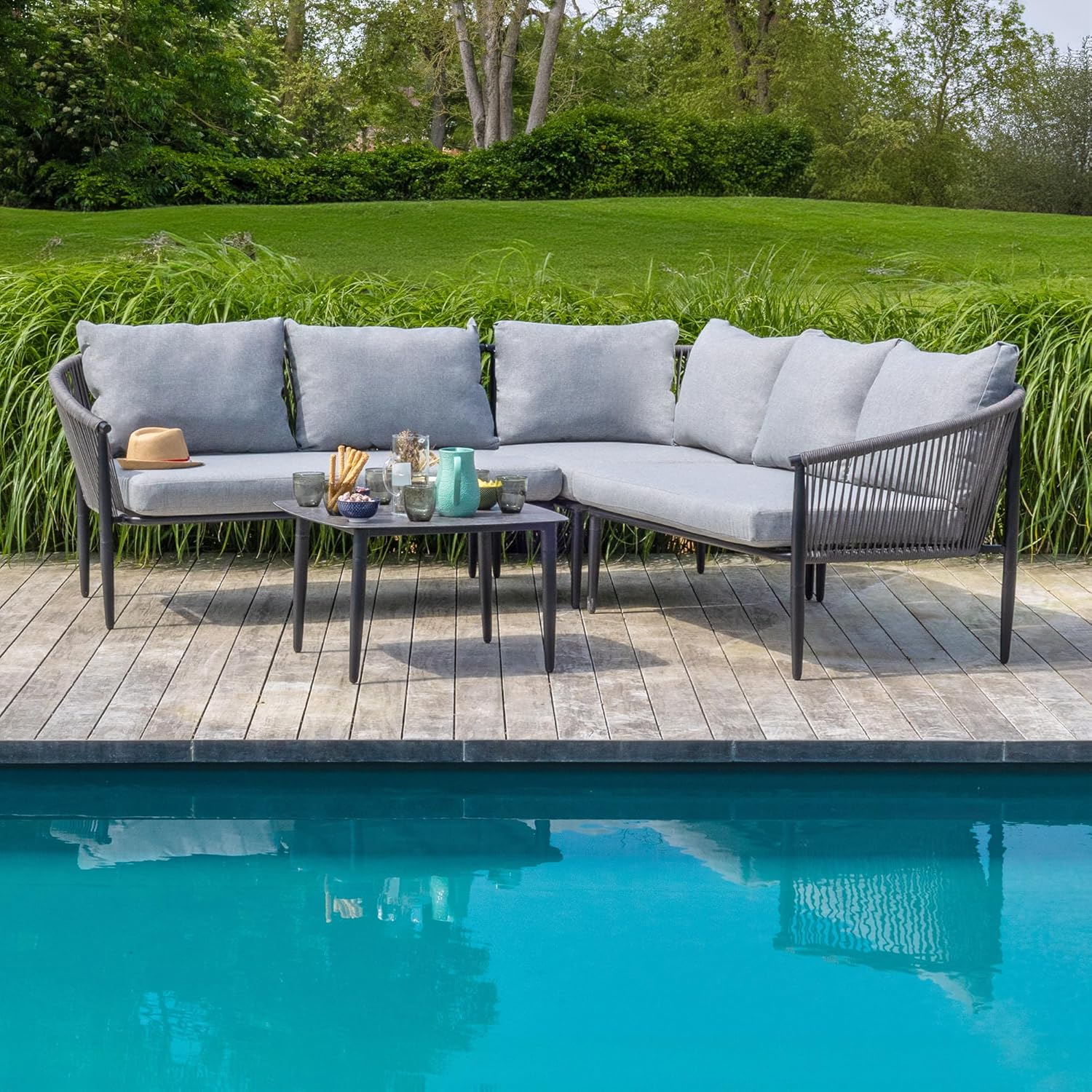 Salon de Jardin exterieur 5 places canapé d angle aluminium corde tressée mobilier extérieur avec table basse-Nestuphut