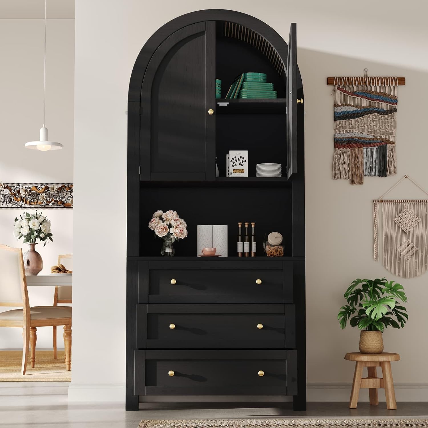 Buffet haut salon PUGSDRLY 70 cm armoire 2 portes 3 tiroirs niche exposition meuble rangement cuisine moderne noir-Nestuphut