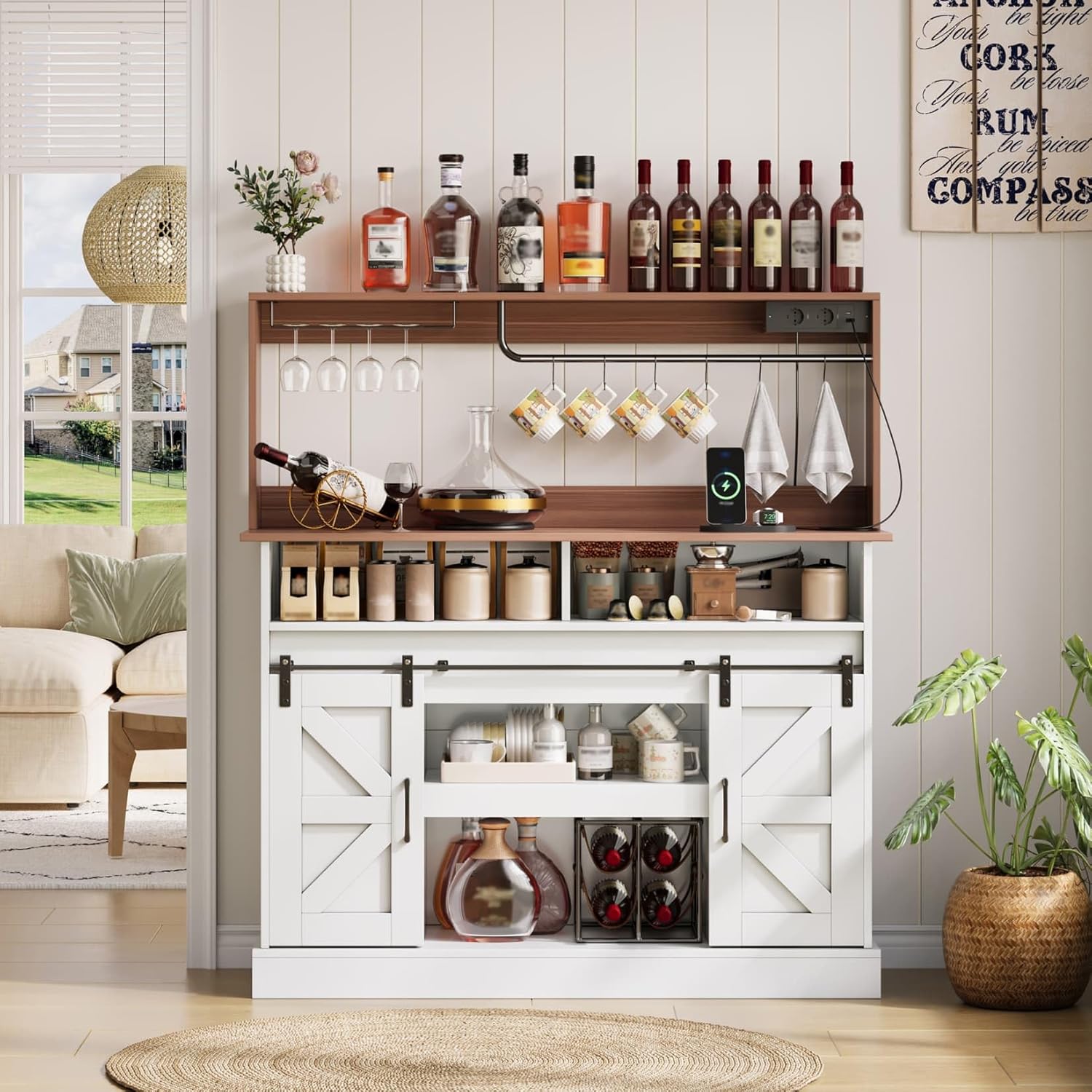 Buffet cuisine EURHCIO 120 cm meuble bar rangement avec porte verres crochets S prises USB AC portes coulissantes blanc-Nestuphut