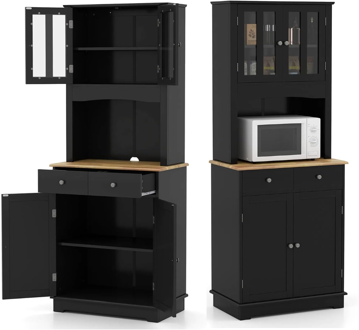 KOMFOTTEU buffet cuisine noir - 68,5 x 40,5 x 170 cm avec 2 armoires et 2 tiroirs - MDF bois hévéa verre trempé - étagères réglables anti basculement-Nestuphut