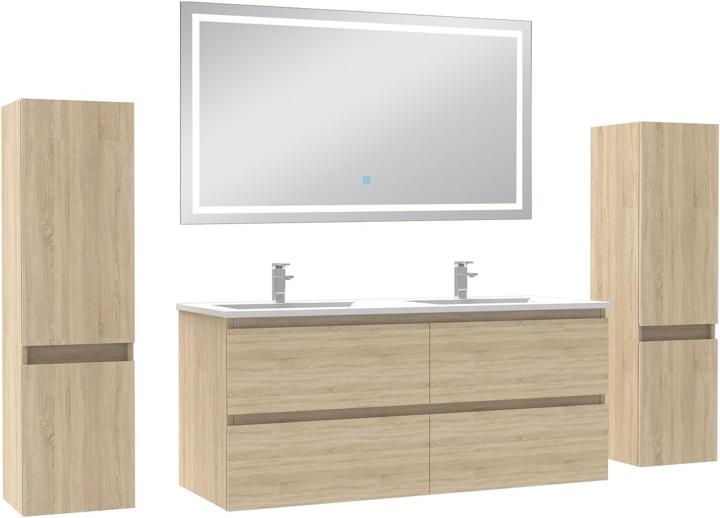 AICA Ensemble Meubles Salle de Bain 120cm Colonne et Miroir LED 3 Couleurs Chene Wotan Rangement Moderne Fonctionnel-Nestuphut
