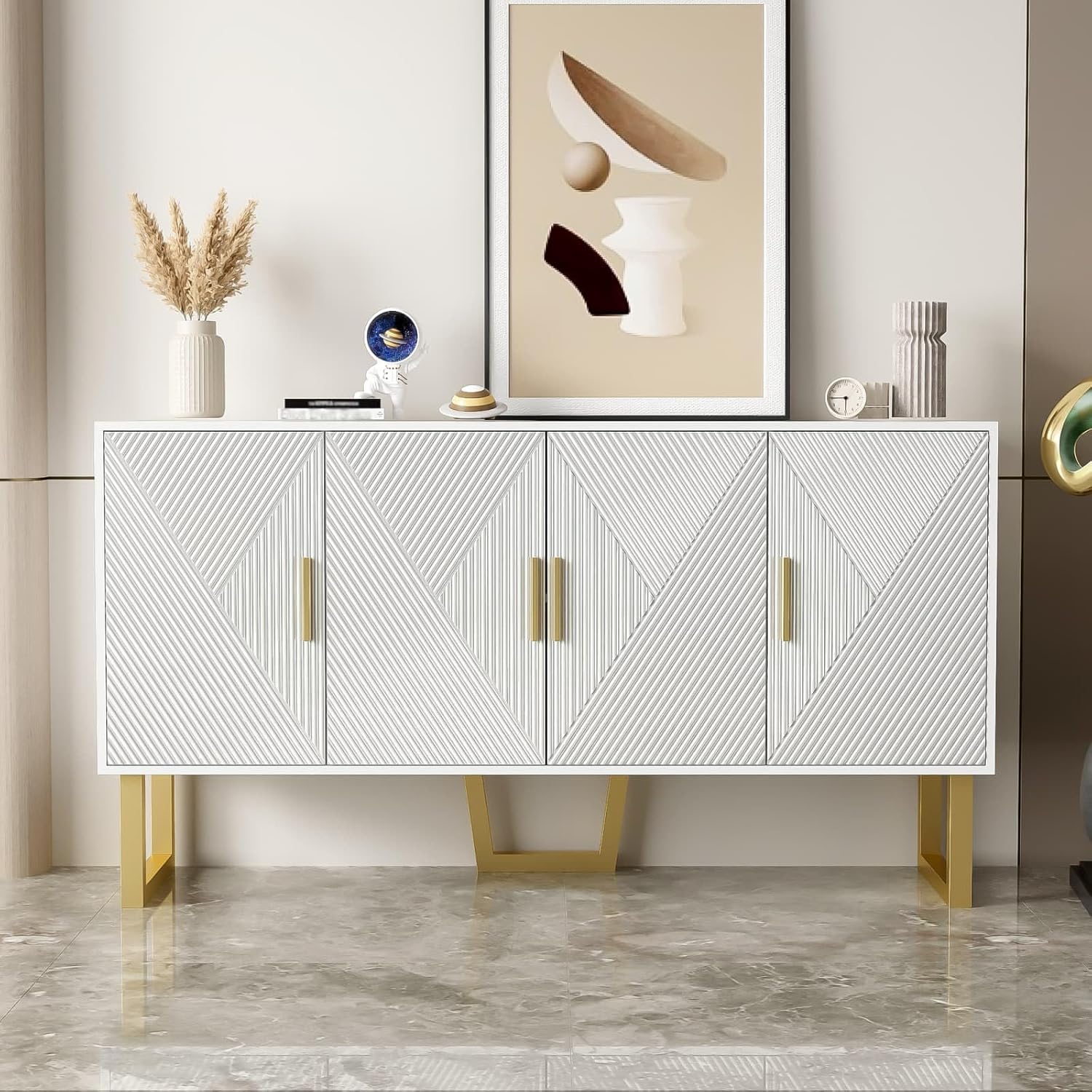 Buffet salle a manger PUGSDRLY 150 cm 4 portes surface brillante poignées dorées étagères réglables fermeture amortie-Nestuphut