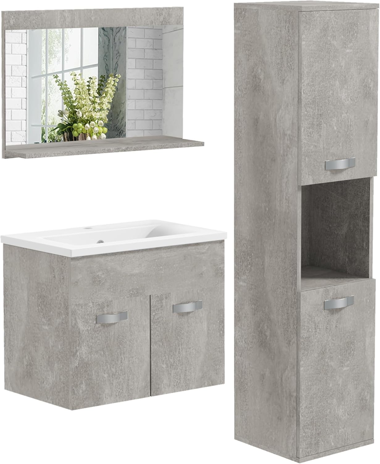 kleankin ensemble meubles salle de bain 4 pièces gris - montage mural avec miroir et meuble sous vasque - lavabo céramique armoire colonne haute - étagères réglables style moderne-Nestuphut