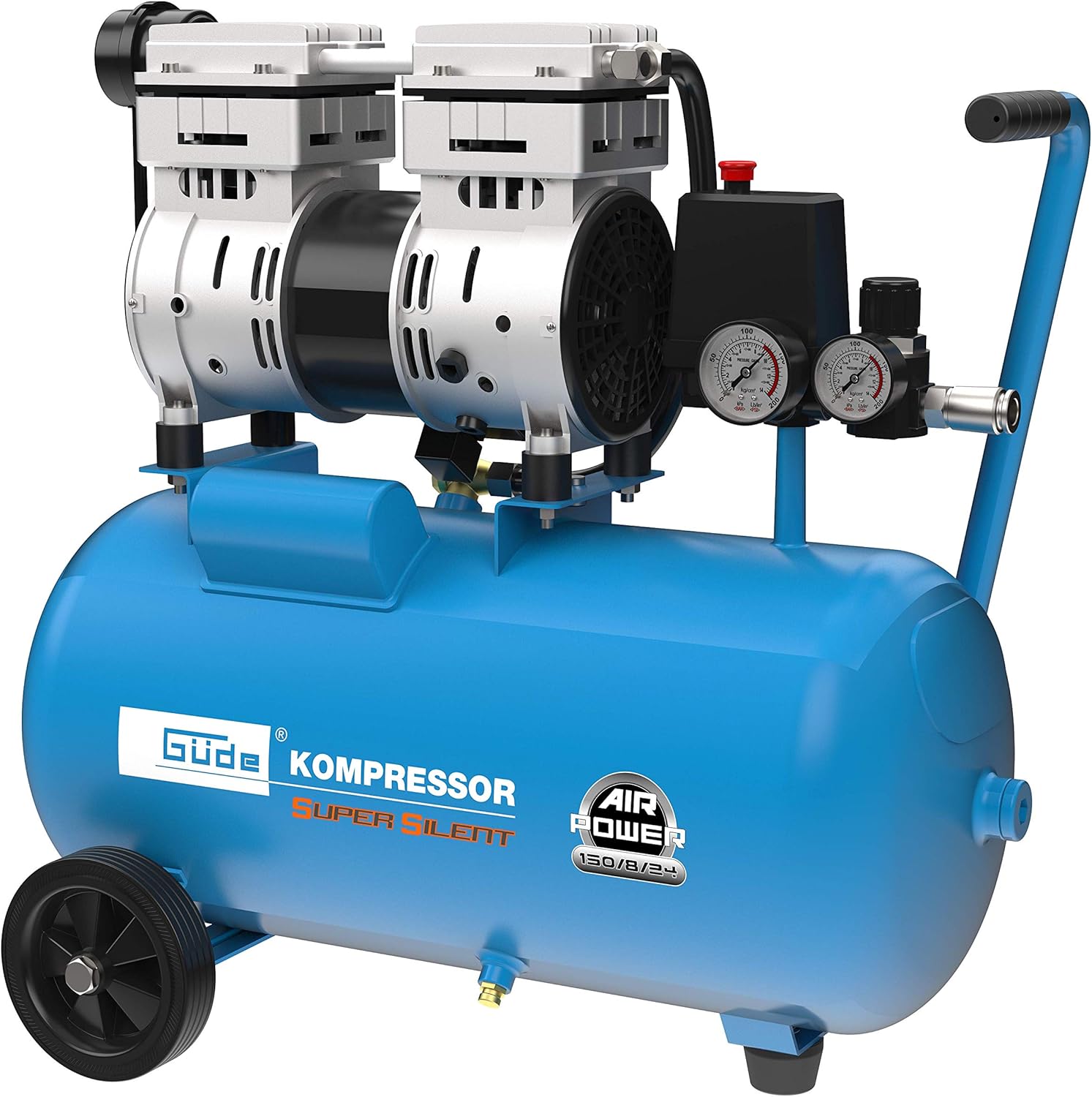 Compresseur Güde Airpower 150 8 24 Silent double piston 24 L 230 V sans huile 8 bar niveau sonore 49 dB-Nestuphut