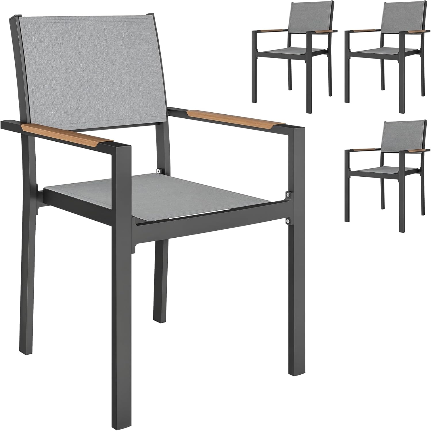 Outsunny lot de 4 chaises de jardin aluminium effet bois tissu respirant accoudoirs balcon terrasse gris clair-Nestuphut