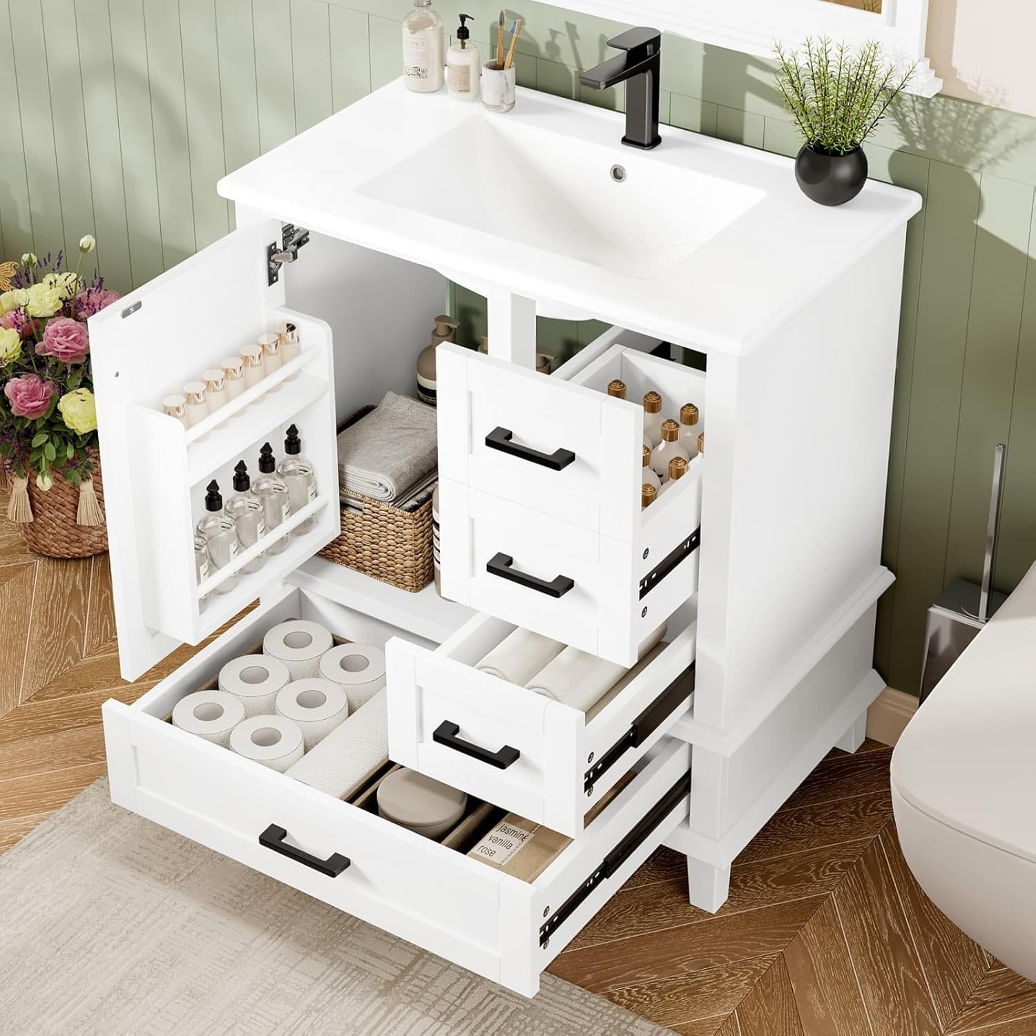 Sweiko meuble sous lavabo blanc céramique MDF moderne - 76 x 46 x 83,5 cm avec lavabo monobloc - 1 porte 3 tiroirs silencieux - étagères de porte montage au sol-Nestuphut