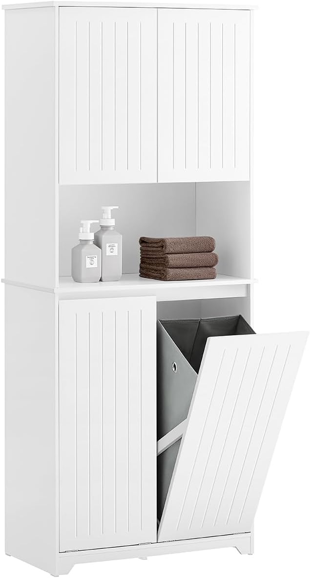 SoBuy BZR150 W meuble salle de bain blanc - 70 x 37 x 170 cm avec panier à linge - 2 portes étagère ouverte paniers amovibles - bois d ingénierie anti basculement-Nestuphut