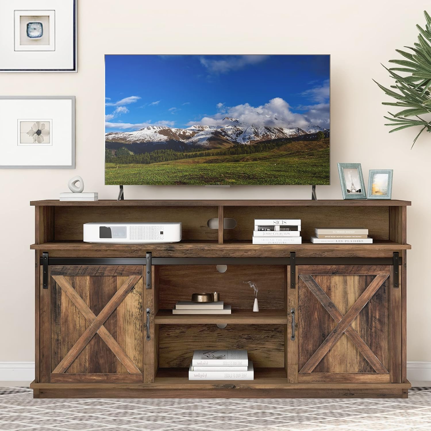 Buffet cuisine Merax industriel 165 cm meuble rangement 2 portes coulissantes etageres reglables marron fonce metal bois-Nestuphut