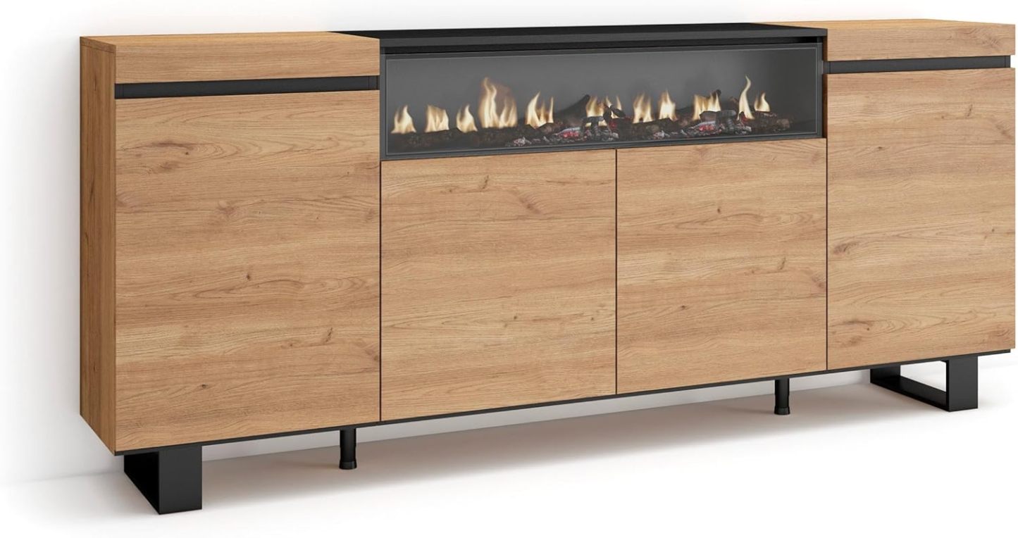 Buffet salon industriel Skraut Home 200 cm chene noir 4 portes cheminée électrique meuble rangement moderne-Nestuphut