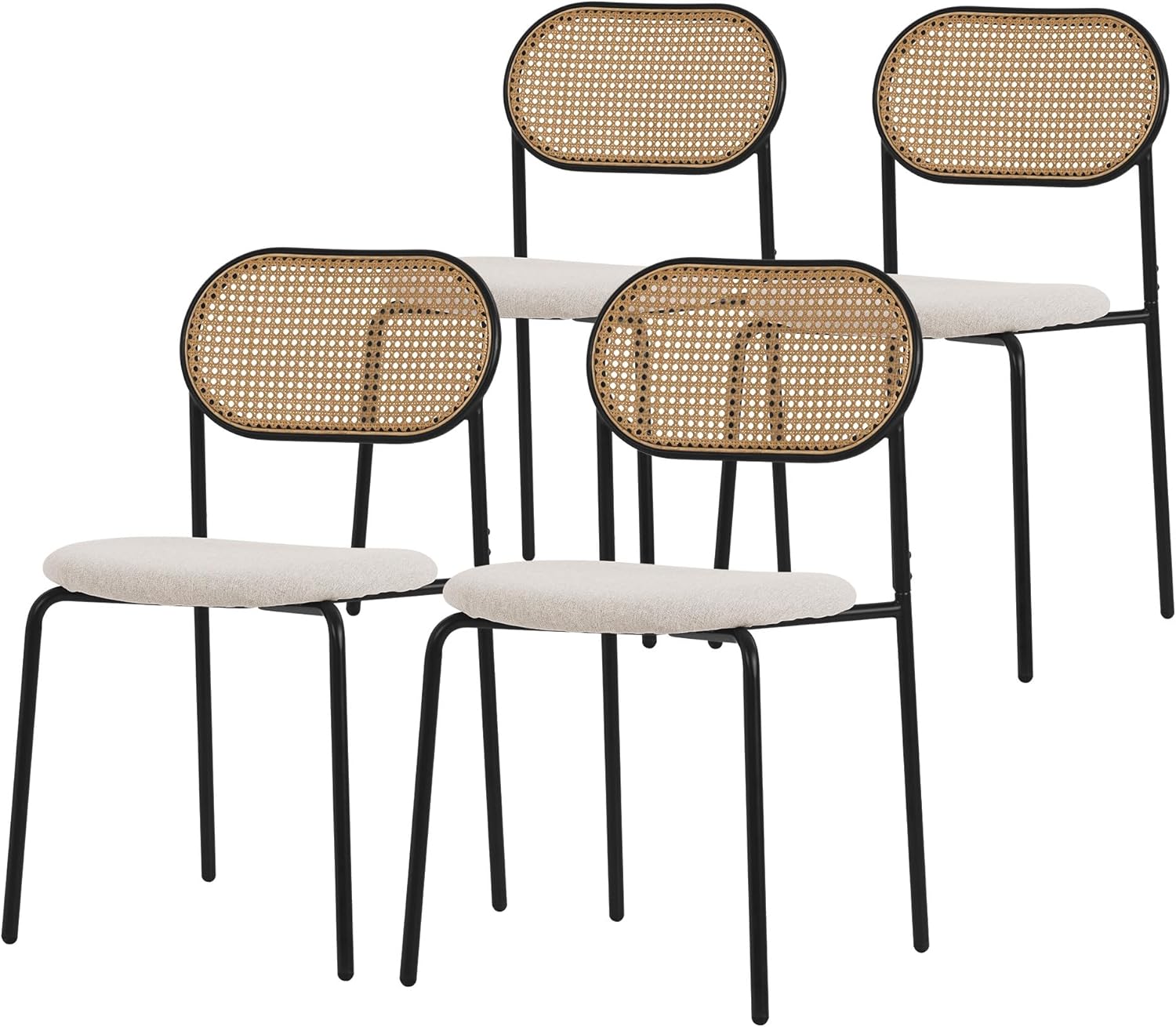 ML Design - Lot de 4 chaises de salle à manger beige - Dossier rotin assise polyester et structure acier-Nestuphut
