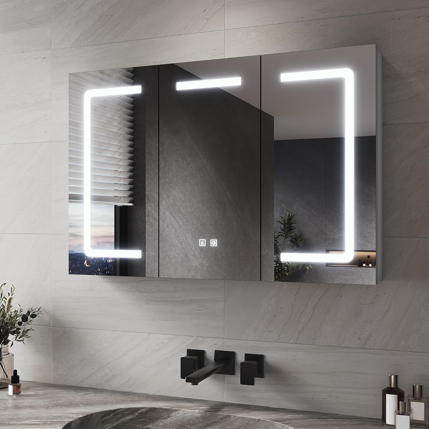 SIRHONA armoire miroir salle de bain gris marocain - 90 x 12,5 x 60 cm montage mural - éclairage LED 3 couleurs dimmable - 3 portes prise désembueur-Nestuphut