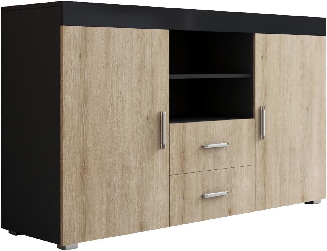 MB Muebles Bonitos Roque buffet noir brillant Sonoma mat - 140 x 40 x 80 cm pour salon salle à manger - mélamine avec tiroirs - meuble TV rangement moderne-Nestuphut